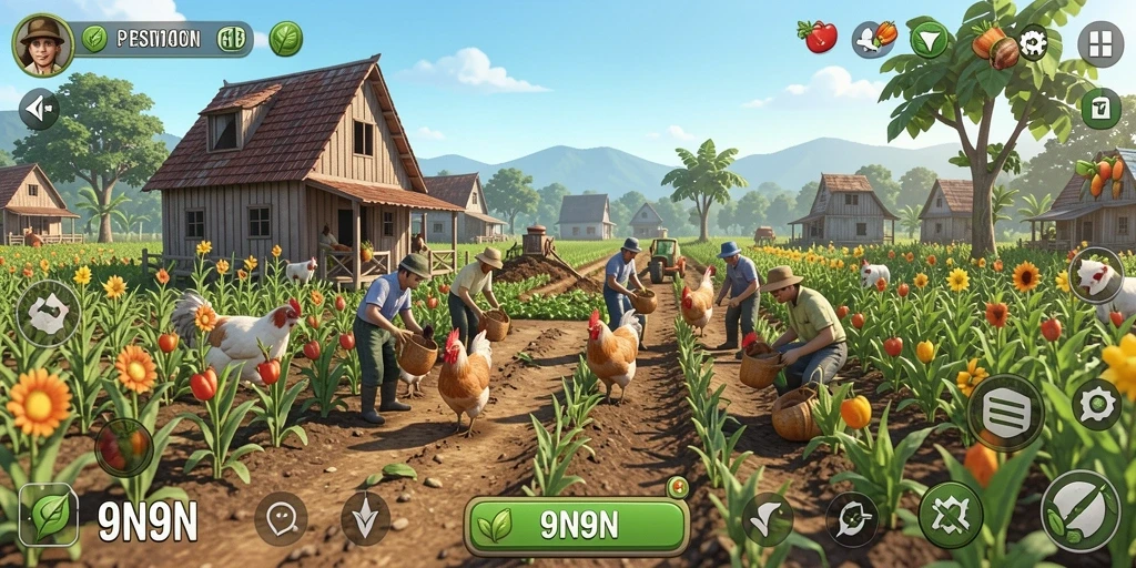 Tampilan gameplay seru dalam 9N9N dengan ladang subur.