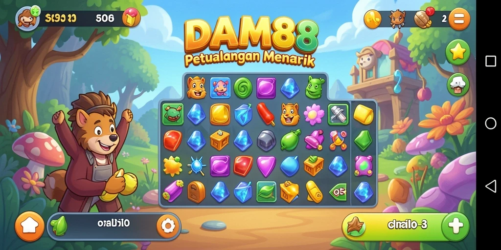 Screenshot utama DAM88 menunjukkan aksi gameplay Match-3 yang penuh warna.