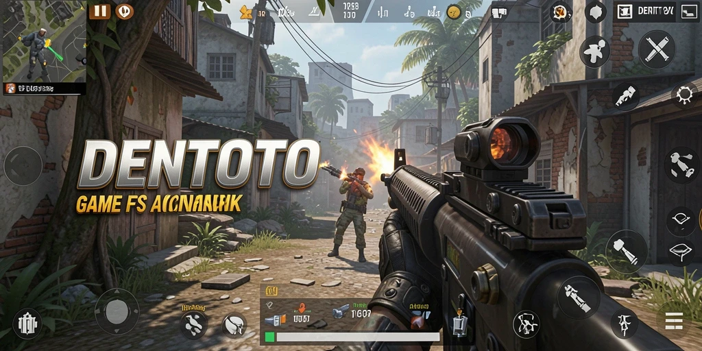 Tangkapan layar utama DENTOTO menampilkan aksi tembak-menembak yang intens dalam game FPS.
