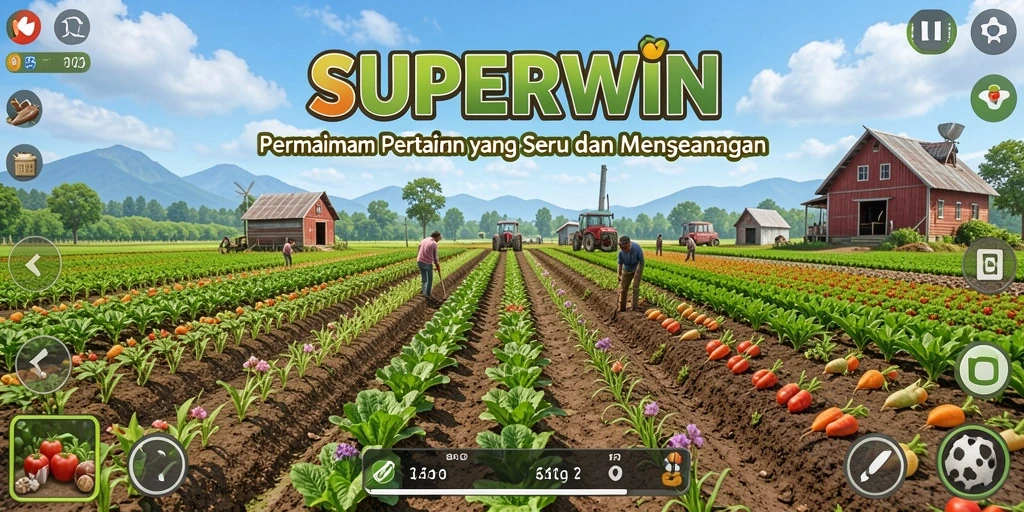 Tampilan screenshot SUPERWIN yang menunjukkan aktivitas bertani yang seru.