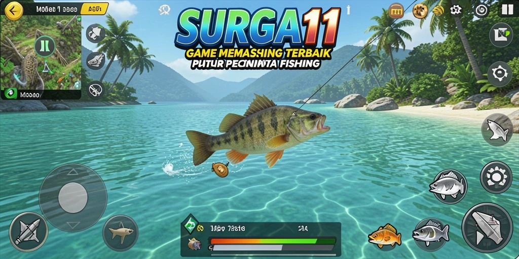 Screenshot SURGA11 menunjukkan momen seru saat memancing di danau.